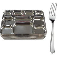 Disposable Plates 10 Compartment Silver Thali Plates Trays - For Indian Puja, Partys, Weddings