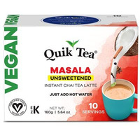 QuikTea Vegan Unsweetened Masala Instant Chai Tea Latte - 10 Count Single Box - Convenient, Easy Ayurvedic Dairy Free Alternative - All Natural Non GMO Superfood
