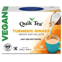 Quik Tea Vegan Turmeric Ginger Instant Chai Tea Latte - 10 Count Single Box - Convenient, Easy Ayurvedic Dairy Free Alternative - Just add hot water - All Natural Non GMO Superfood