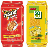 BRITANNIA Crackers 50 50 Maska Chaska Biscuit 13.12oz (372g) & Tiger Glucose Biscuits Family Pack 21.2oz (600g) - 1 Each (Pack of 2)