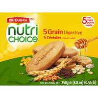 BRITANNIA Nutri Choice 5 Grain Digestive Biscuits 8.81oz (250g) - Healthy Breakfast & Tea Time Snacks - Halal and Suitable for Vegetarians (Pack of 2)