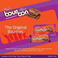 BRITANNIA Bourbon the Original - Choco Creme Biscuits 13.7oz (390g) - Smooth Chocolate Cream Biscuits for Breakfast & Snacks - Topped with Sugar Crystals (Pack of 6)