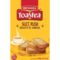 BRITANNIA Toastea Suji Rusk 10.75oz (305g) - Biscotte De Semoule - Crispy Tea Time Snack - Crispy Crunchy Toast - Halal and Suitable for Vegetarians (Pack of 2)