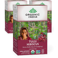 Organic India Tulsi Hibiscus Herbal Tea - Stress Relieving & Gratifying, Immune Support, Adaptogen, Vegan, USDA Certified Organic, Non-GMO, Calming, Caffeine-Free - 18 Infusion Bags, 3 Pack