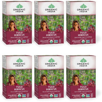 Organic India Tulsi Hibiscus Herbal Tea - Holy Basil, Stress Relieving & Gratifying, Immune Support, Adaptogen, Vegan, USDA Certified Organic, Non-GMO, Caffeine-Free - 18 Infusion Bags, 6 Pack