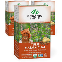 Organic India Tulsi Masala Chai Herbal Tea - Holy Basil, Stress Relieving & Enlivening, Immune Support, Vegan, USDA Certified Organic, Black Tea, Antioxidant, Caffeinated - 18 Infusion Bags, 3 Pack