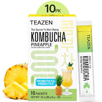 Teazen Kombucha Tea, Zero Sugar, Sparkling Fermented Powdered Mix Beverage from Korea, Live Probiotics & Prebiotics, 10 Sticks, 1.76oz (Pineapple)