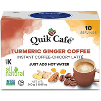 Quik Cafe Turmeric Ginger Instant Coffee Latte - 10 Count Single Box - All Natural Superfood Golden Coffee