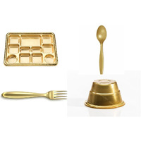 Mahavir 11 Compartment Disposable Gold Plates - Indian Thali Plastic Tray (Plates/Spoon/Fork/Bowl, 100)
