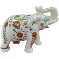 8 Inch White Marble Elephant, White Marble Inlay Elephant, Elephant Figurine, Marble Stone Elephant, Stones Inlay Home Decor Gift