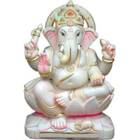 Ganesha on Lotus Statue White Marble, Ganesha Moorti For Mandir, Fine Marble Ganesha Idol, Marble Ganesha