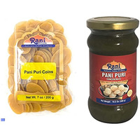 Rani Pani Puri Coins (Uncooked, Microwaveable wheat and Semolina Coins) 7oz (200g) with Pani Puri Concentrate (Sweet & Spicy to make Pani Water / Spicy Water) 10.5oz (300g) ~ All Natural | Vegan | NON-GMO