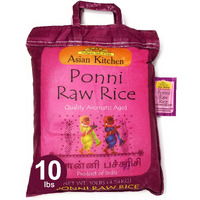 Asian Kitchen Ponni Raw Rice 10-Pound Bag, 10lbs (4.54kg) Short Grain Rice ~ All Natural, Gluten Friendly, Vegan, Indian Origin, Export Quality