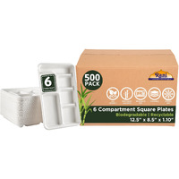 Rani 6 Compartment Square Biodegradable Divided Plates, Pack of 500 ~ Party, Thali, Buffet, Disposable & Eco-Friendly, Heavy-Duty Sturdy Paper Bagasse, Premium Quality, 12.5  x 8.5  x 1.10