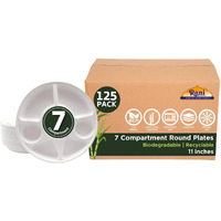 Rani 7 Compartment Round Biodegradable Divided Plates, Pack of 125 ~ Party, Thali, Buffet, Disposable & Eco-Friendly, Heavy-Duty Sturdy Paper Bagasse, Premium Quality, 11  Diameter, 1.38  Height