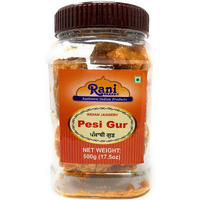 Rani Pesi Gur (Jaggery) Indian Unrefined Raw Cane Sugar 17.5oz (1.1lbs) 500g PET Jar ~ Gluten Friendly, Vegan, NON-GMO, No Salt or fillers, Indian Product