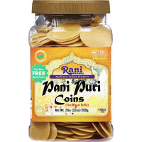 Rani Pani Puri Coins (Uncooked, Microwaveable Wheat Semolina Coins) 32oz (2lbs) 908g w/Pani Puri Masala (14-Spice Blend for Indian Spicy Water) 1.75oz (50g) ~ All Natural, Vegan, NON-GMO, Kosher