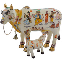 Stoneware Kamdhenu Cow With Calf Set And God Painting Showpiece, 28 cm, Multicolour, 2 Piece