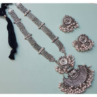 Stylish long haram German Silver oxidised necklace set with pendant and earring Indian ethnic boho tribal oxidized Temple jewellery handmade