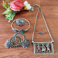 Oxidised jewelry set of 5, Indian ethnic jewelry, German silver jewelry set, SLA, bohemian, temple jewelry, handmade kemp statement jewelry