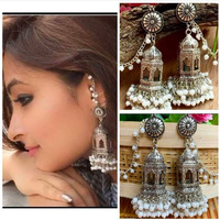 Beautiful cage scripted jhumka earrings, oxidised earrings with pearls,long earrings, Indian earrings, bollywood celebrity earrings, gifts