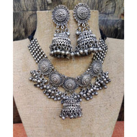 Trendy Indian German Silver oxidised set with Jhumki boho tribal jewelry/ Temple jewellery handmade oxidized choker set/ antique set