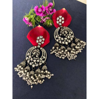 Party wear cz jhumki chandbali earrings, black oxidised wedding chandbali earrings, stone studded pearl earring, Indian big earrings, silver