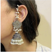 Pearl oxidized jhumka jhumki earrings, Indian jhumka, Silver look earrings, long earrings, side chain earrings, ethnic traditional, gifts