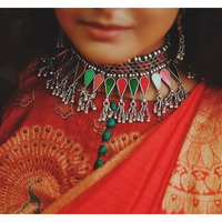 Afghani glass ghunghroo choker bib necklace, multicolor choker, Indian handmade jewellery, silver look multicolor boho gypsy jewellery gift