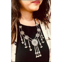 Boho necklace jewelry, afghani tribal jewellery, gift for her, silver look necklace, black polish necklace, gypsy jewelry, Indian oxidised