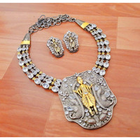 Indian jewellery, dual statement necklace, Dual tone stone jewellery set, antique jewelry, handmade, gifts for her