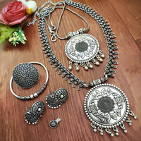 Long Oxidised necklace set of 6 with jhumki/ Indian statement necklace tribal jewelry oxidised handmade Bollywood celebrity oxidized