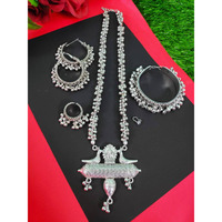 Indian Ghungroo german silver jewellery set, oxidised set of 5, long necklace set, gifts for her, Bollywood jewellery, Bohol hippie jewelry