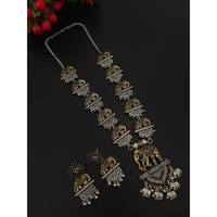 Impressively detailed and elaborate- this long necklace and earrings set with these beautiful and delicate feather and flute petal pendant with tiny jhumkis hanging at the edge are versatile enough to justify everyday or occasion dressing. Find your inner gypsy vibe and express with style these statement jewels.Wear together or separately.