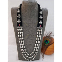 Kolhapuri Dholki Beads 3 Layer Long Necklace, Goddess Lakshmi Silver set, Oxidized Kolhapuri Necklace,Navratri Jewelry,Maharashtrian Jewelry