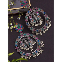 Ganesha dangler earrings,multicolor stone earrings set with pearls,Indian silver look alike jewellery