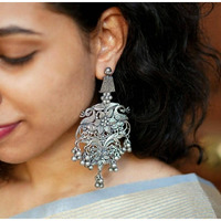 Long oxidised earrings with ghungroo, silver black Earrings, indian oxidized earrings, Long Chandelier earrings, handmade tribal jewelry,