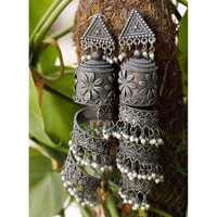 Oxidized long jhumka earrings, Indian boho earrings, pearl jhumka earrings, oxidized dangler and drop earrings, antique jhumka earrings