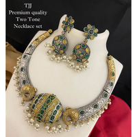 Two tone necklace set,  statement necklace set, oxidized necklace, stone necklace with pearls drop, anniversary gift set, festive necklaces