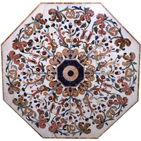 Italian Octagonal Shape Coffee Table Top / Center Table Top White Marble Inlaid With Semi Precious Gemstones Pietra Dura Table Top