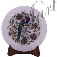 Peacock Decorative White Marble Inlay Plate