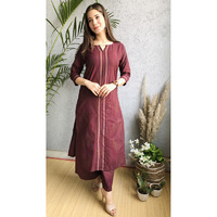 yarn dyed polycotton string neck straight kurta with plazzo for women (Size: XL)