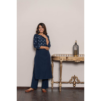 Khadi cotton embllish indigo Khadi kurta set for women (Size: XL)