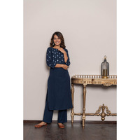 Khadi cotton embllish indigo Khadi kurta set for women (Size: 2XL)