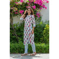 Cotton floral printed lace kurta with pants for women (Size: S)