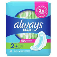 Always Maxi Pads Unscented with Wings Long, Size 2 - 16 Count