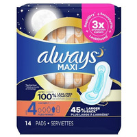 Always Maxi Pads, Size 4 Overnight Absorbency Unscented with Wings, 14 Ct