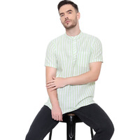 Latest Chikan Men's Cotton Regular Wide Stirpes Short Kurta Half Sleeves - Casual Ethnic Wear (Size: L, Color: Green)