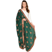 Handmade Intricate Aari Embroidery Buti Work With Four Side Border Dupatta in Green & Navy Shade By The Amritsar Store (Color: Green)