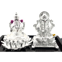 999 Pure Silver Ganesh & Lakshmi / Laxmi Idol / Statue / Murti (Figurine# 14)